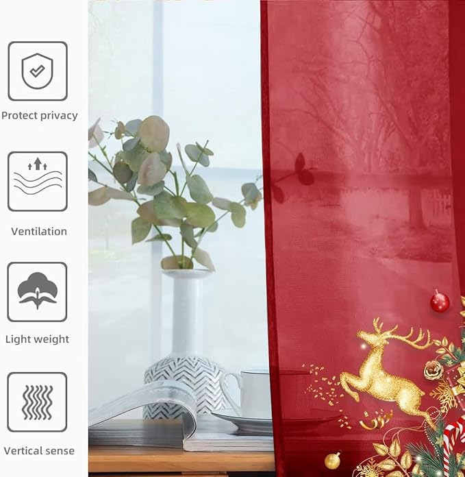 youleyar Solid Sheer Rod Pocket Curtain Voile Draperies 4 Panels White Beige Black Grey Ivory 52 Inch Width 63 Inch Long 1 Pair for Kitchen Bedroom Children Living Room Yard(Christmas Red,52 Wｘ63 L)