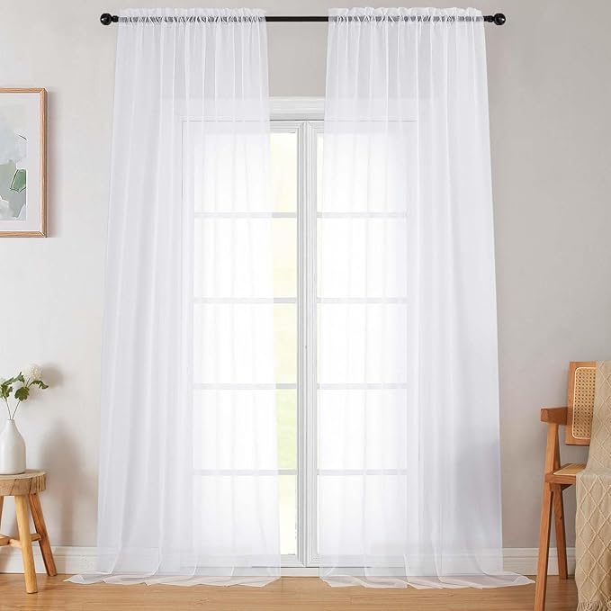 Extra Long Sheer White Curtains for Bedroom Living Room 108 Inches Long 2 Panels Set, Solid Soft Light Filtering Rod Pocket Sheer Window Curtains, White, Each 42" Wx108 L Inch