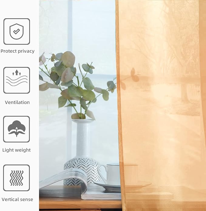 youleyar Solid Sheer Rod Pocket Curtain Voile Draperies 2 Panels White Beige Black Grey Coffee 52 Inch Width 45 Inch Long 1 Pair for Kitchen Bedroom Children Living Room Yard(Beige,52Wｘ45L)