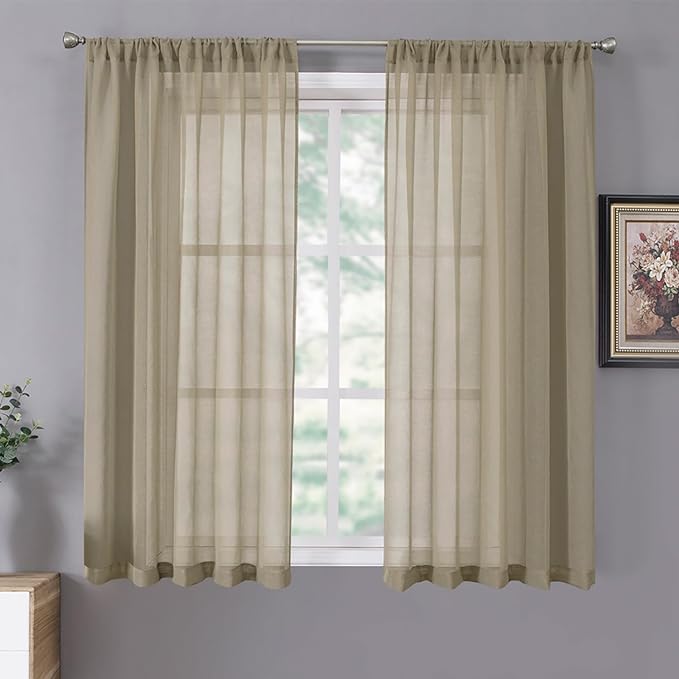 Tollpiz Short Sheer Curtain Linen Textured Living Room Curtains Sheer Light Filtering Rod Pocket Voile Curtain for Bedroom, 42 x 54 inches Long, Taos Taupe, Set of 2 Panels