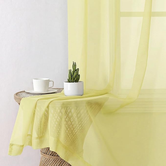 Lecloud Goose Yellow Sheer Curtains 63 Inch Length 2 Panels, Light Filtering Voile Bedroom Curtains with Rod Pocket, Airy Farmhouse Window Drapes for Living Room Dining Room, Each Panel 42" W x 63" L