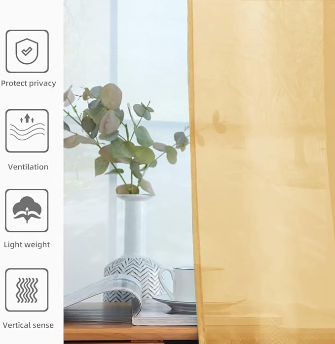 youleyar Solid Sheer Rod Pocket Curtain Voile Draperies 2 Panels White Beige Black Grey Ivory 52 Inch Width 72 Inch Long 1 Pair for Kitchen Bedroom Children Living Room Yard (Gold,52Wｘ72L)