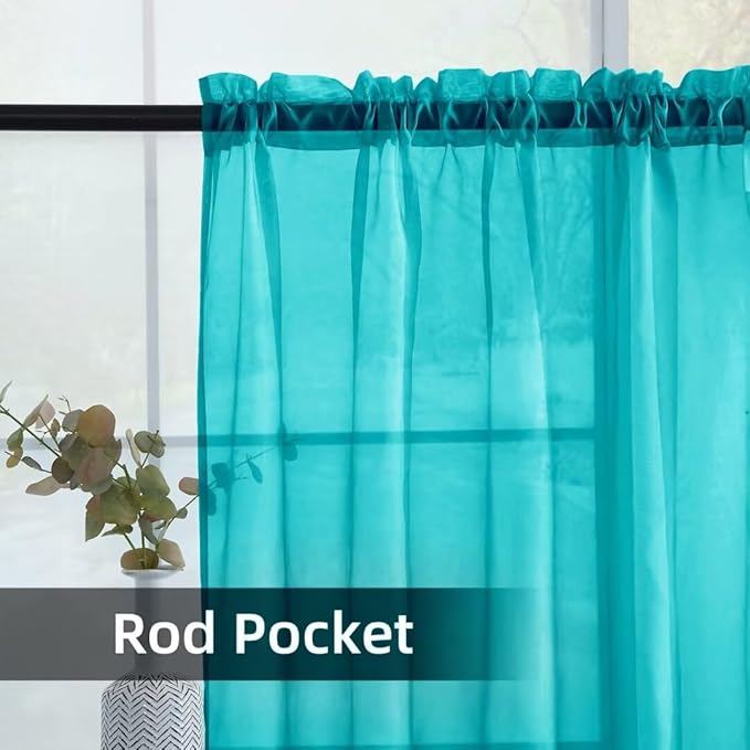 youleyar Solid Sheer Rod Pocket Curtain Voile Draperies 2 Panels White Beige Black Grey Coffee 52 Inch Width 108 Inch Long 1 Pair for Kitchen Bedroom Children Living Room Yard (Peacock Blue,52Wｘ108L)
