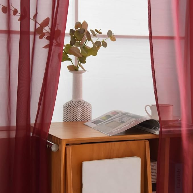 SpaceDresser Sheer Voile Window Treatment Rod Pocket Curtain Panels for Kitchen Bedroom Living Room Drapes Sunlight Filtering Privacy Semi Home Decor Assorted Colors Sizes (Burgundy, 52 W x 54 L)