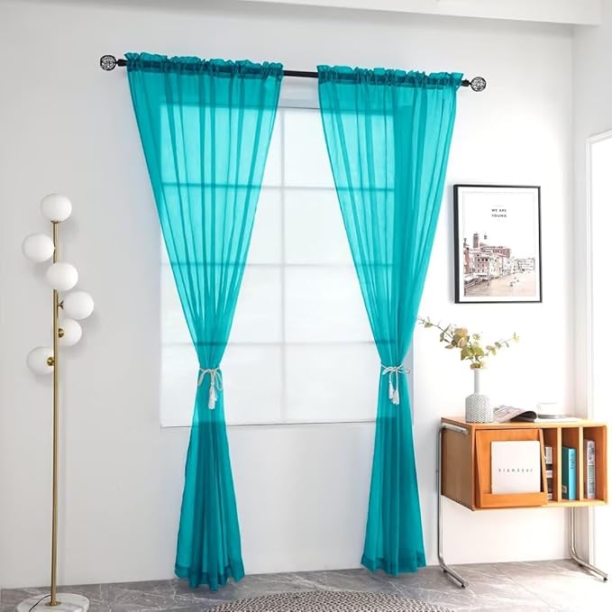 youleyar Solid Sheer Rod Pocket Curtain Voile Draperies 2 Panels White Beige Black Grey Coffee 52 Inch Width 96 Inch Long 1 Pair for Kitchen Bedroom Children Living Room Yard (Peacock Blue,52Wｘ96L)