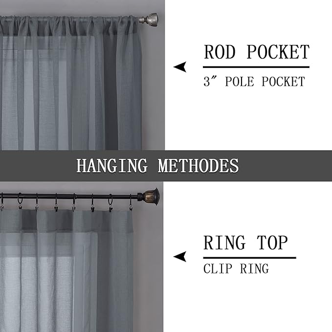 Tollpiz Sheer Curtains Linen Textured Bedroom Curtain Sheers Light Filtering Rod Pocket Voile Curtains for Living Room, 54 x 84 inches Long, Dark Grey, Set of 2 Panels