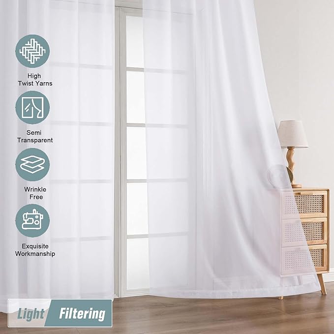 White Sheer Curtains for Window 72 inches Long 2 Panels Set, Soft Airy Modern Light Filtering Sheer Curtains for Living Room Bedroom, Dual Rod Pocket Solid Window Drapes, 2x42Wx72L inches