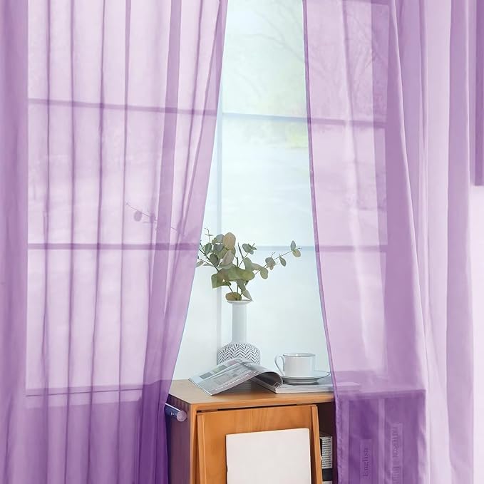 youleyar Solid Sheer Rod Pocket Curtain Voile Draperies 2 Panels White Beige Black Ivory Coffee 26 Inch Width 40 Inch Long 1 Pair for Kitchen Bedroom Children Living Room Yard(Lavender,26W x 40L)