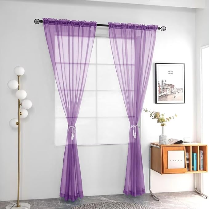 youleyar Solid Sheer Rod Pocket Curtain Voile Draperies 2 Panels White Beige Black Grey Coffee 52 Inch Width 90 Inch Long 1 Pair for Kitchen Bedroom Children Living Room Yard (Lavender,52Wｘ90L)