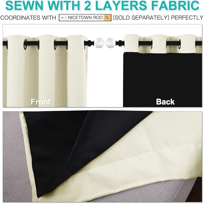 NICETOWN Living Room Completely Shaded Draperies, Privacy Protection & Noise Reducing Ring Top Drapes, Black Lined Insulated Window Treatment Curtain Panels (Beige, 2 Pieces, W62 x L95)
