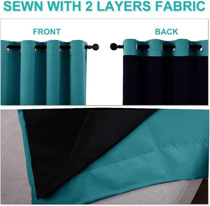 NICETOWN 100% Blackout Window Curtain Panels, Full Light Blocking Drapes with Black Liner for Nursery, 72-inch Drop Thermal Insulated Draperies (Peacock Teal, 2 Pieces, 62-inch Wide Per Panel)