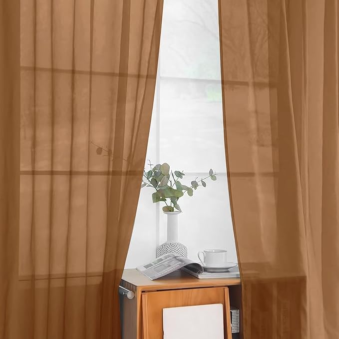 youleyar Solid Sheer Rod Pocket Curtain Voile Draperies 2 Panels White Beige Black Grey Ivory 52 Inch Width 54 Inch Long 1 Pair for Kitchen Bedroom Children Living Room Yard (Light Brown,52Wｘ54L)