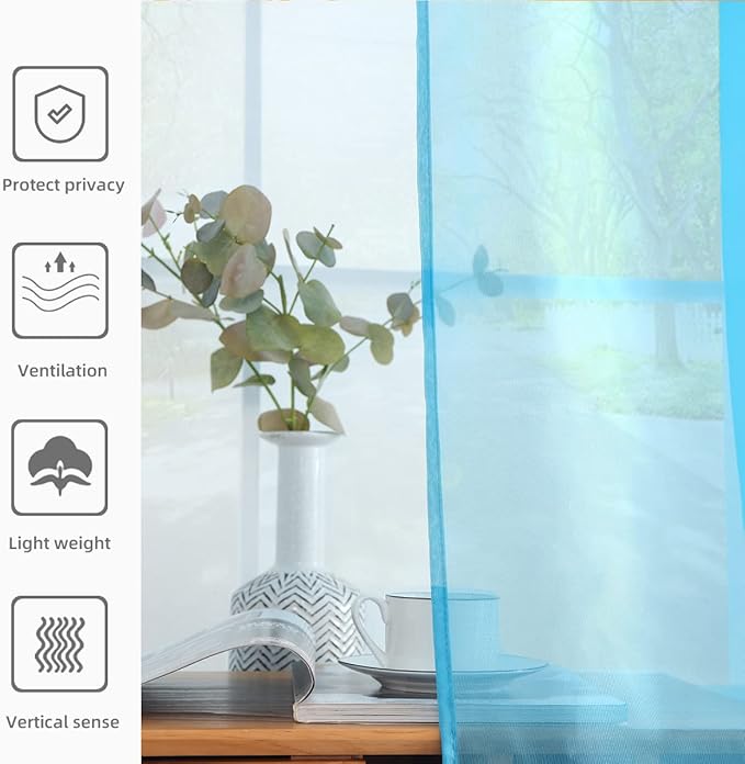youleyar Solid Sheer Rod Pocket Curtain Voile Draperies 2 Panels White Beige Black Grey Coffee 52 Inch Width 45 Inch Long 1 Pair for Kitchen Bedroom Children Living Room Yard (Cyan Blue,52Wｘ45L)