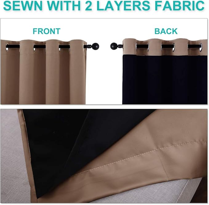 NICETOWN 100% Blackout Curtains Thermal, Noise Reduction and Privacy Curtains for Patio Door, Black Lined Blackout Drapes with Grommet Top, Cappuccino, 1 Pair, W37 x L70