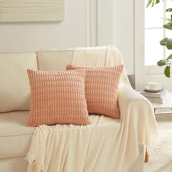 Fancy Homi 4 Packs Peach Decorative Throw Pillow Covers 16x16 Inch for Living Room Couch Bed, Rustic Modern Farmhouse Boho Home Decor, Soft Plush Corduroy Cute Square Accent Cushion Case 40x40 cm