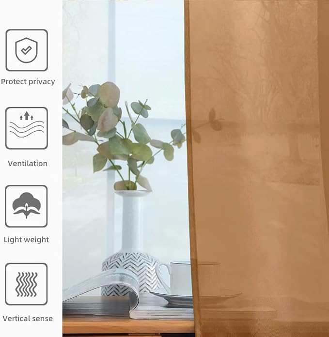 youleyar Solid Sheer Rod Pocket Curtain Voile Draperies 2 Panels White Beige Black Grey Ivory 52 Inch Width 90 Inch Long 1 Pair for Kitchen Bedroom Children Living Room Yard (Light Brown,52Wｘ90L)