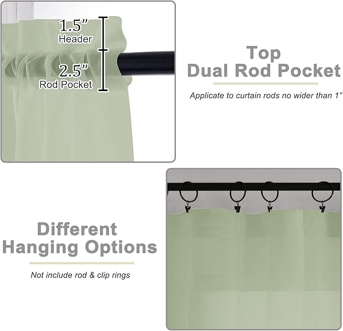 Light Green Sheer Curtains for Bedroom Living Room 96 Inches Long 2 Panels, Modern Airy Soft Lightweight Rod Pocket Light Filtering Sheer Curtains Drapes, Light Green, Each 42" Wx96 L Inch