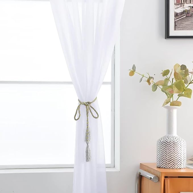SpaceDresser Optical White Sheer Curtains 4 Panels Rod Pocket Semi-Sheer Curtain 45 Inches Long Light Filtering Voile Window Drapes for Bedroom Living Room Kitchen, Each 52W x 45L