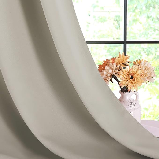 NICETOWN Kitchen Curtains, Short Curtains for Bedroom Windows, Natural, 42" W by 60" L, 1 Pair, Thermal Insulated Room Darkening Curtain Panels for Girls Room, Cafe