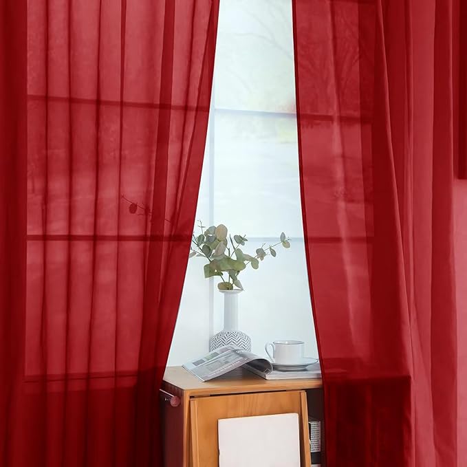 youleyar Solid Sheer Rod Pocket Curtain Voile Draperies 2 Panels White Beige Black Grey Ivory 52 Inch Width 54 Inch Long 1 Pair for Kitchen Bedroom Children Living Room Yard (Christmas Red,52Wｘ54L)