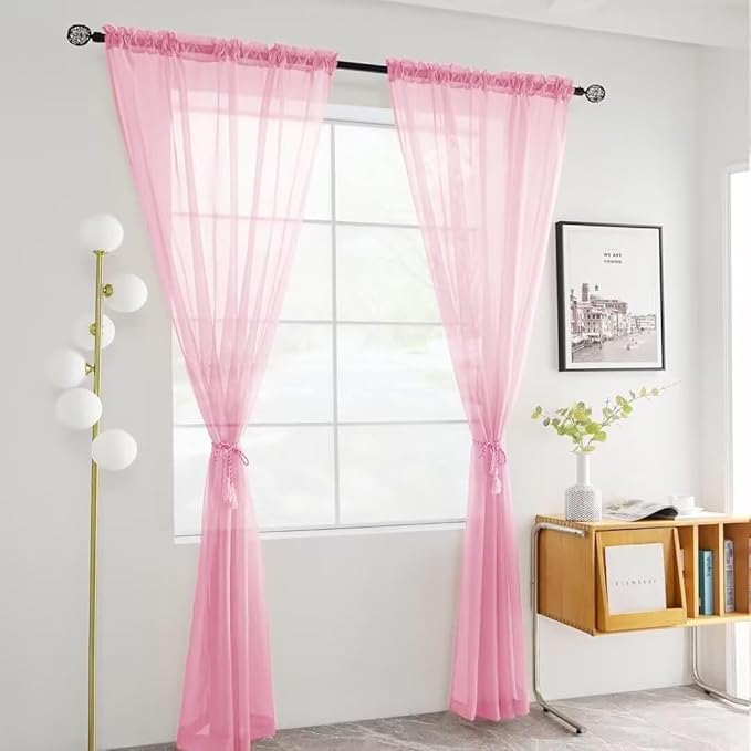 youleyar Solid Sheer Rod Pocket Curtain Voile Draperies 2 Panels White Beige Black Grey Coffee 52 Inch Width 45 Inch Long 1 Pair for Kitchen Bedroom Children Living Room Yard(Light Pink,52Wｘ45L)