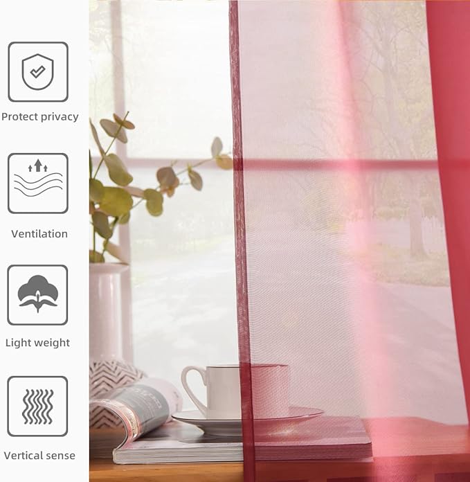 youleyar Solid Sheer Rod Pocket Curtain Voile Draperies 2 Panels White Beige Black Grey Coffee 52 Inch Width 72 Inch Long 1 Pair for Kitchen Bedroom Children Living Room Yard (Wine Red,52Wｘ72L)