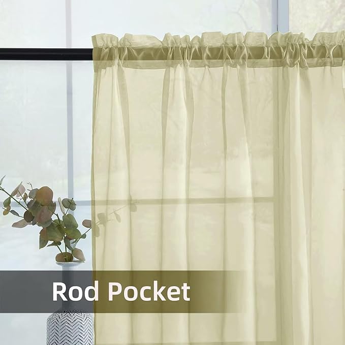 youleyar Solid Sheer Rod Pocket Curtain Voile Draperies 2 Panels White Beige Black Grey Ivory 52 Inch Width 63 Inch Long 1 Pair for Kitchen Bedroom Children Living Room Yard (Sage Green,52Wｘ63L)
