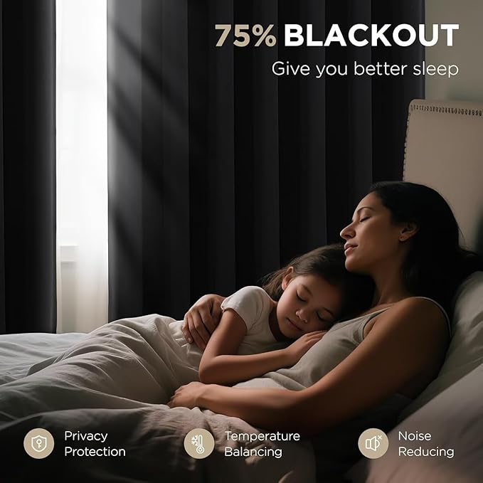 Joydeco Blackout Curtains 63 Inch Length 2 Panels Set, Thermal Insulated Long Curtains& Drapes 2 Burg, Room Darkening Grommet Drapes for Bedroom Living Room Window (Black, W52 x L63 Inch)