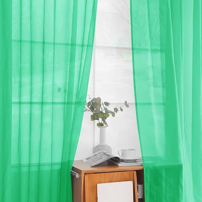 youleyar Solid Sheer Rod Pocket Curtain Voile Draperies 2 Panels White Beige Black Grey Coffee 52 Inch Width 63 Inch Long 1 Pair for Kitchen Bedroom Children Living Room Yard (Grass Green,52Wｘ63L)
