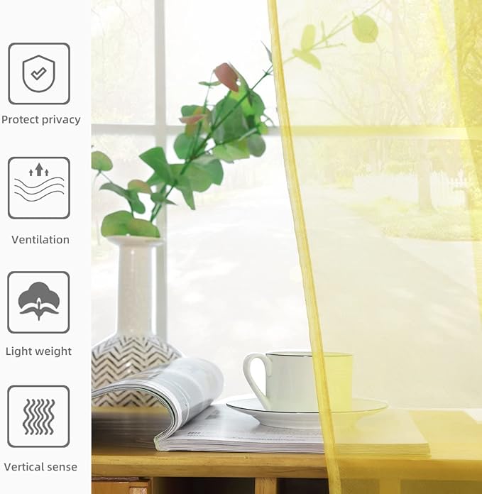 youleyar Solid Sheer Rod Pocket Curtain Voile Draperies 2 Panels White Beige Black Grey Coffee 52 Inch Width 90 Inch Long 1 Pair for Kitchen Bedroom Children Living Room Yard (Yellow,52Wｘ90L)