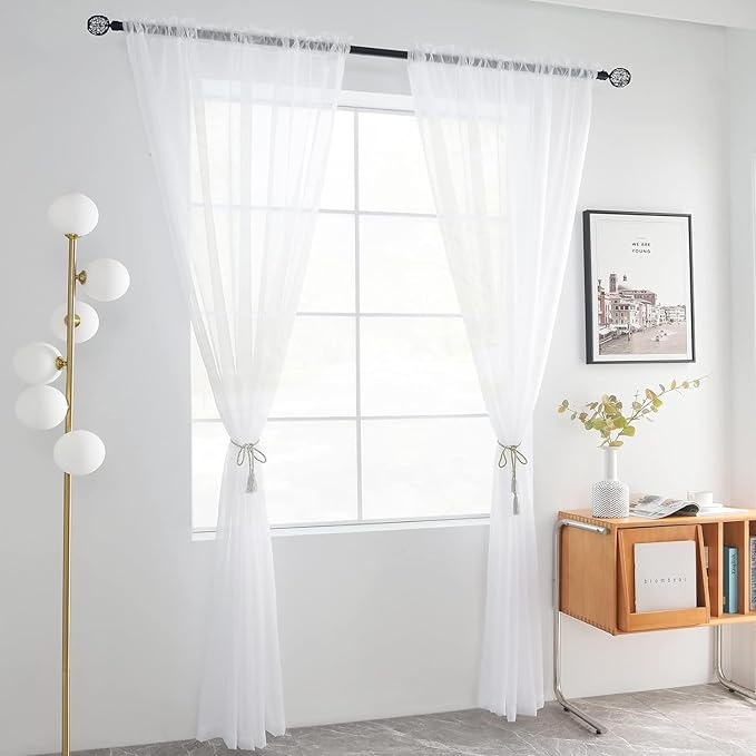 youleyar Solid Sheer Rod Pocket Curtain Voile Draperies 2 Panels White Beige Black Grey Coffee 60 Inch Width 63 Inch Long 1 Pair for Kitchen Bedroom Children Living Room Yard(White,60Wｘ63L)