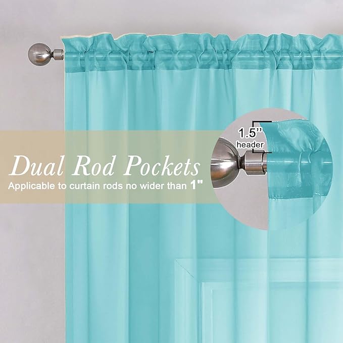 Lecloud Aqua Sheer Curtains for Living Room 90 Inches Long 2 Pcs, Voile Solid Color Airy Bedroom Decor Privacy Drapes, Dual Rod Pockets Light Filtering Soft Window Curtains, Each Panel 42" W x 90" L