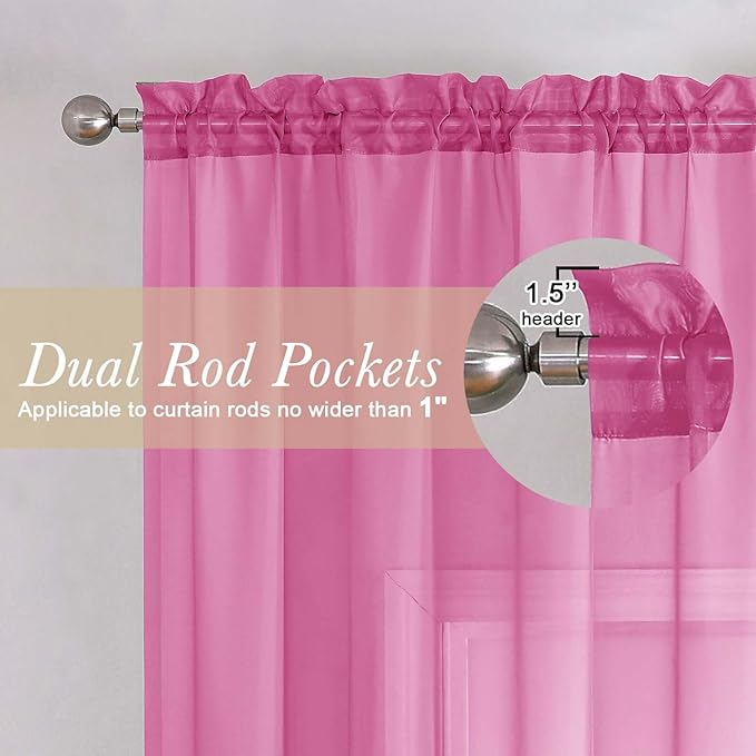 Lecloud Hot Pink Sheer Curtains 63 Inch Length 2 Pcs, Solid Voile Long Light Filtering Curtains for Living Room, Dual Rod Pocket Home Decor Drapes for Bedroom Dining Room, Each Panel 42" W x 63" L