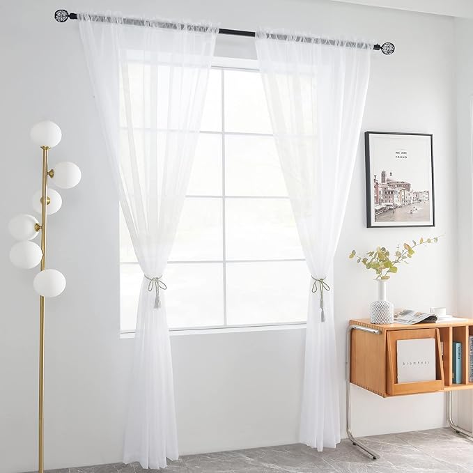 youleyar Solid Sheer Rod Pocket Curtain Voile Draperies 2 Panels White Beige Black Grey Coffee 52 Inch Width 63 Inch Long 1 Pair for Kitchen Bedroom Children Living Room Yard(White,52Wｘ63L)