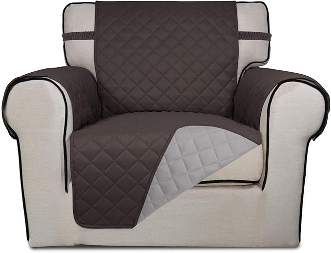 PureFit Reversible Quilted Sofa Cover, Water Resistant Slipcover Furniture Protector, Washable Couch Cover with Non Slip and Elastic Straps for Kids, Dogs, Pets (Chair, Chocolate/Beige)
