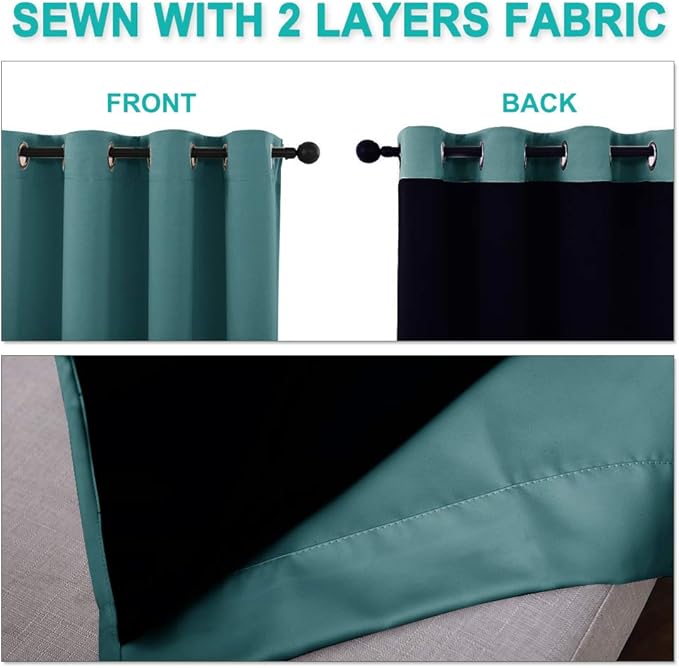 NICETOWN 100% Blackout Blinds, Set of 2, 46" x 96", Sea Teal, Laundry Room Decor Window Treatment Curtains for Large Patio Sliding Door, Thermal Insulated Curtains for Bedroom