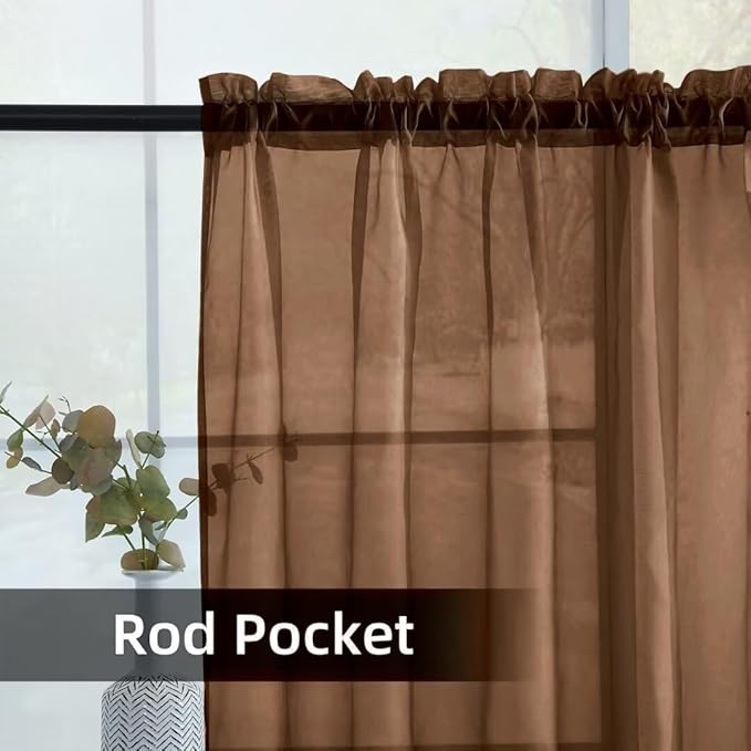 youleyar Solid Sheer Rod Pocket Curtain Voile Draperies 2 Panels White Beige Black Grey Coffee 52 Inch Width 96 Inch Long 1 Pair for Kitchen Bedroom Children Living Room Yard (Brown,52Wｘ96L)
