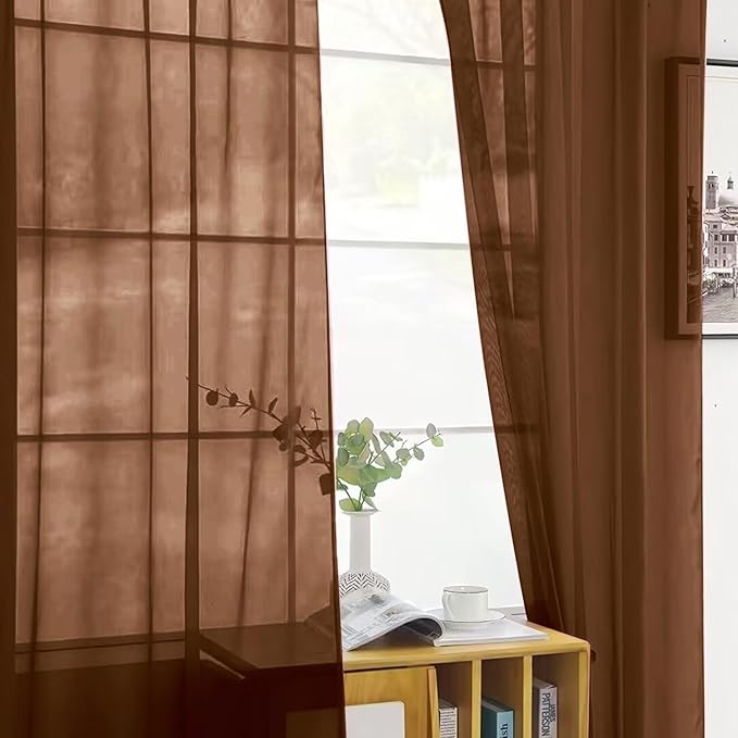 SpaceDresser Sheer Voile Window Treatment Rod Pocket Curtain Panels for Kitchen Bedroom Living Room Drapes Sunlight Filtering Privacy Semi Home Decor Assorted (Brown, 52 W x 54 L)
