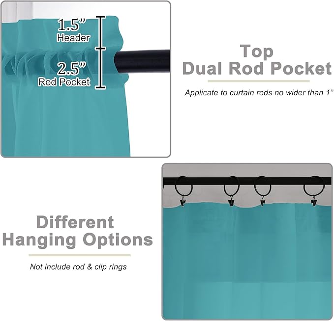 Turquoise Sheer Curtain for Bedroom Living Room 72 Inches Long 2 Panels Set, Solid Soft Airy Light Filtering Sheer Window Curtains, Modern Rod Pocket Door Curtain, 42" Wx72 L Inches