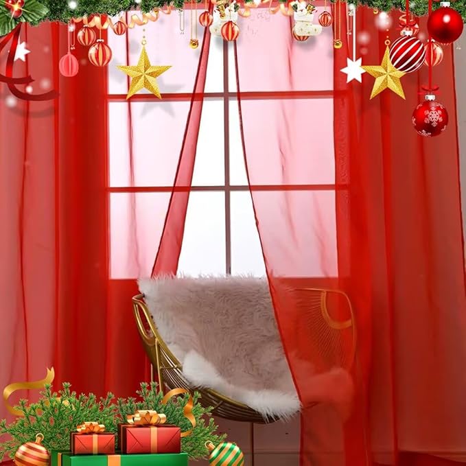 SpaceDresser Sheer Voile Window Treatment Rod Pocket Curtain Panels for Kitchen Bedroom Living Room Drapes Sunlight Filtering Privacy Semi Home Decor Assorted (Red, 52 W x 45 L)