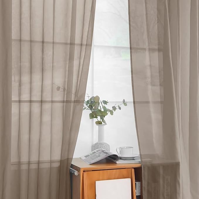 youleyar Solid Sheer Rod Pocket Curtain Voile Draperies 2 Panels White Beige Black Grey Ivory 52 Inch Width 45 Inch Long 1 Pair for Kitchen Bedroom Children Living Room Yard (Taupe,52Wｘ45L)