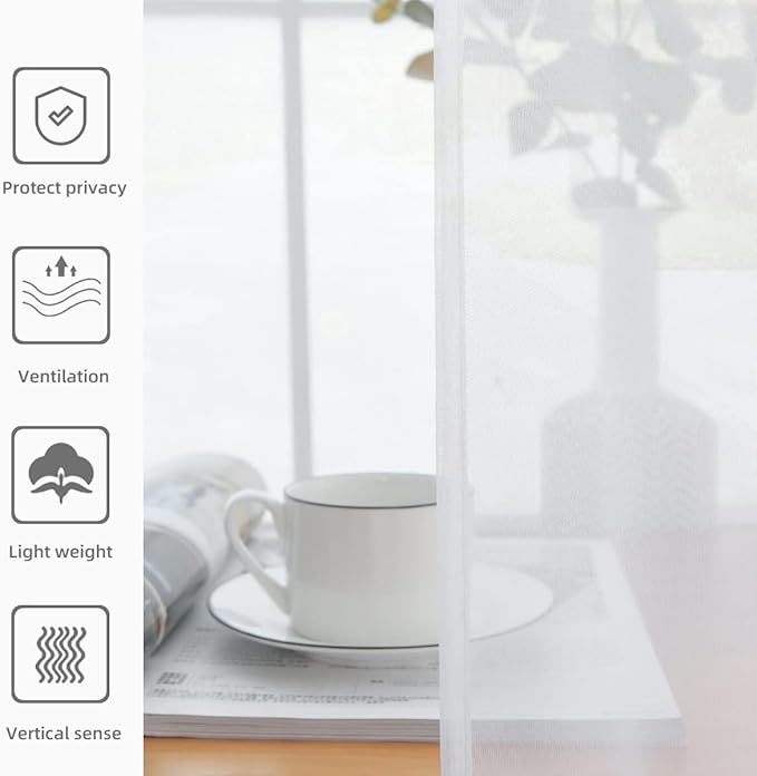youleyar Solid Sheer Rod Pocket Curtain Voile Draperies 2 Panels White Beige Black Grey Coffee 60 Inch Width 63 Inch Long 1 Pair for Kitchen Bedroom Children Living Room Yard(White,60Wｘ63L)