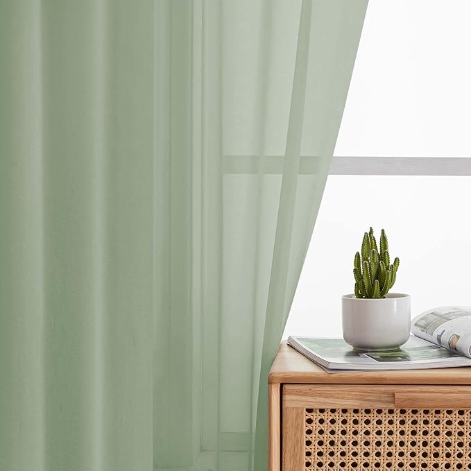 Sage Green Sheer Curtains for Bedroom Living Room 90 Inches Long 2 Panels Set, Soft Airy Light Filtering Sheer Window Treatments, Modern Rod Pocket Curtains Drapes, Each 42" Wx90 L Inch
