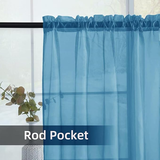 youleyar Solid Sheer Rod Pocket Curtain Voile Draperies 2 Panels White Beige Black Grey Ivory 52 Inch Width 90 Inch Long 1 Pair for Kitchen Bedroom Children Living Room Yard (Blue,52Wｘ90L)
