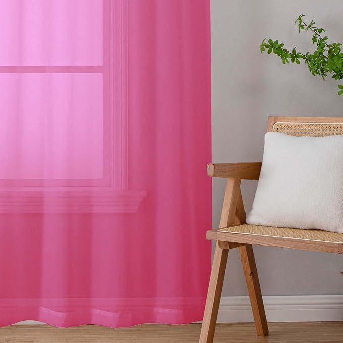 Extra Long Sheer Hot Pink Curtains for Bedroom Living Room 120 Inches Long 2 Panels Set, Solid Soft Light Filtering Rod Pocket Sheer Window Curtains, Hot Pink, Each 42" Wx120 L Inch