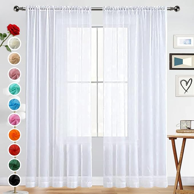 SpaceDresser Basic Rod Pocket Sheer Voile Window Curtain Panels White 1 Pair 2 Panels 52 Width 95 Inch Long for Kitchen Bedroom Children Living Room Yard(White,52 W x 96 L)