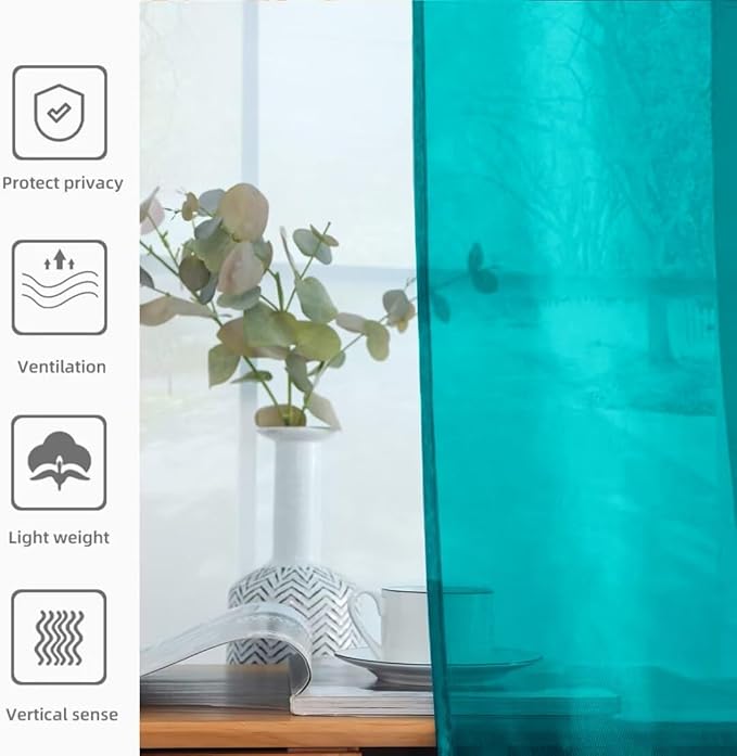 youleyar Solid Sheer Rod Pocket Curtain Voile Draperies 2 Panels White Beige Black Grey Coffee 52 Inch Width 90 Inch Long 1 Pair for Kitchen Bedroom Children Living Room Yard (Peacock Blue,52Wｘ90L)