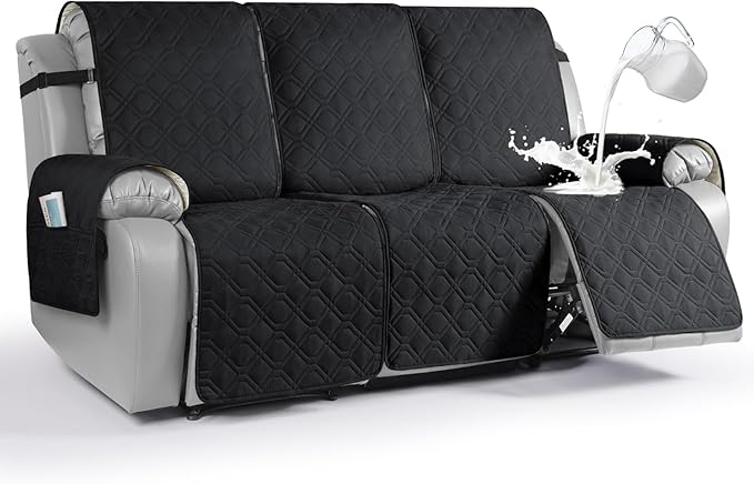 VANSOFY Waterproof Recliner Couch Covers, Sofa Covers 1-Piece Washable Reclining Sofa Cover Non-Slip Furniture Protector with Elastic Straps Pocket for Dogs, Pets(Black,3 Seater)