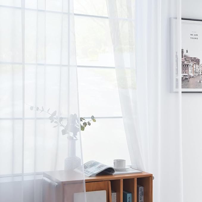 youleyar Solid Sheer Rod Pocket Curtain Voile Draperies 2 Panels White Beige Black Grey Coffee 60 Inch Width 63 Inch Long 1 Pair for Kitchen Bedroom Children Living Room Yard(White,60Wｘ63L)
