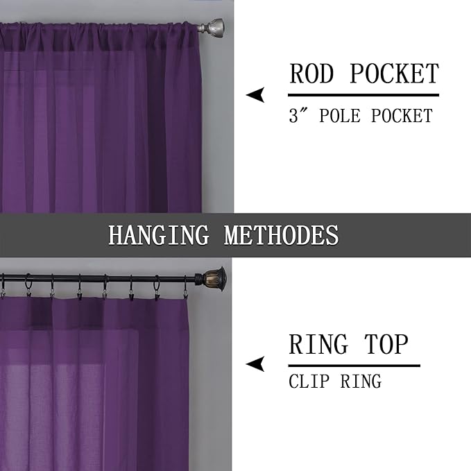 Tollpiz Short Sheer Curtain Linen Textured Bedroom Curtains Sheer Light Filtering Rod Pocket Voile Curtain for Living Room, 54 x 54 inches Long, Royal Purple, Set of 2 Panels